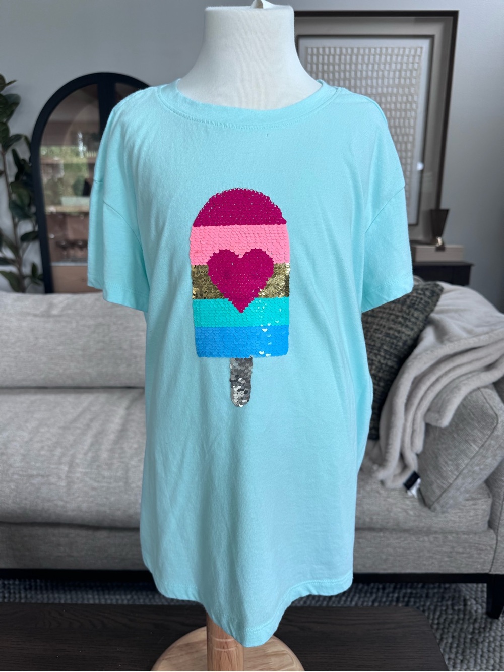 NWOT Girls XL (14) Cat & Jack Aqua Sequin Popsicle Tee with Multicolor Heart